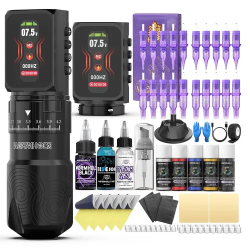 Vista 8 de Wormhole - 2 pistolas de tatuaje de batería de 2,300 mAh, máquina de tatuaje inalámbrica, 7 trazos ajustables, pantalla inteligente con 3 modos