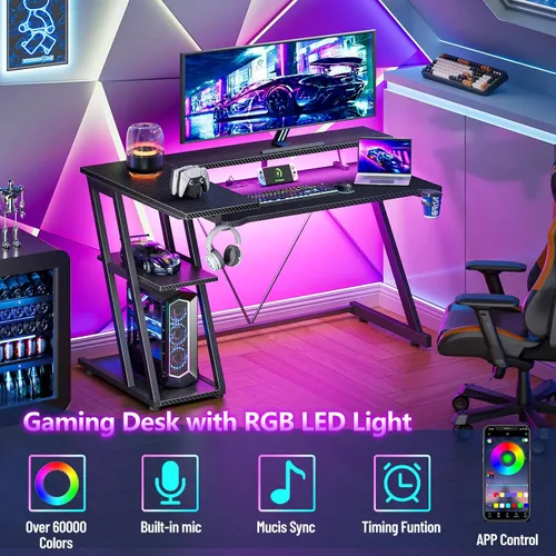 Vista 4 de Korfile Escritorio para juegos de 40 pulgadas con toma de corriente y luces LED, mesa de juegos para computadora en forma de L con estantes