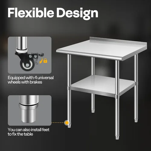 Vista 3 de VIVOHOME Mesa de trabajo de acero inoxidable de 24 x 18 pulgadas con protector contra salpicaduras, mesa comercial de preparación con ruedas