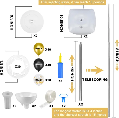 Vista 2 de Kit de soporte para columna de globos con 100 globos, 2 juegos ajustables de 7 pies con bases para piso, soporte de globo de metal ajustable
