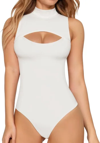 Vista 8 de MANGOPOP - Body de cuello alto con recorte frontal para mujer, manga larga, sin mangas, cuello de tortuga, trajes sexys 01 Manga larga negra