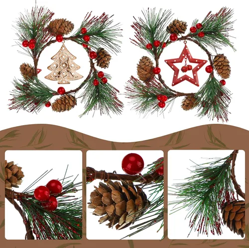 Vista 3 de 6 Piezas de Anillo de Vela de Navidad Portavelas de Navidad Artificial con Bayas, Conos de Pino, Coronas Pequeñas para Decoración Festiva de Boda