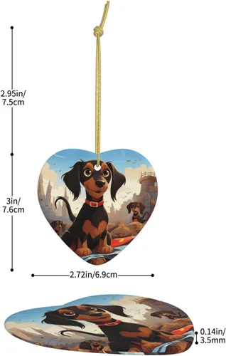 Vista 2 de I Love My Dog Dachshunds Adornos de Navidad de cerámica adorno de corazón para árbol de Navidad, corazón colgante de cerámica para árbol de Navidad