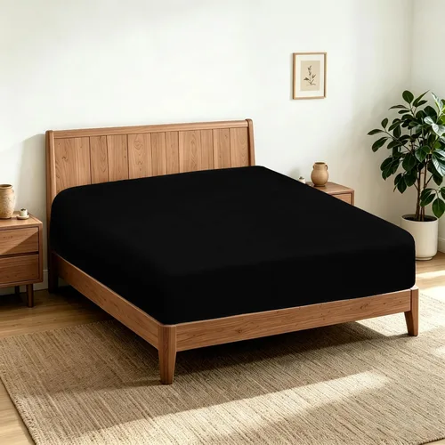 Vista 3 de Sábana bajera ajustable 100% algodón egipcio, tamaño matrimonial, 600 hilos, bolsillo profundo de 8 a 16 pulgadas, sábana inferior de tejido Negro