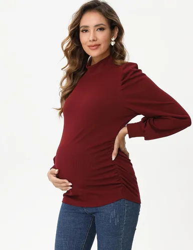 Vista 5 de Camiseta de maternidad de punto acanalado para mujer, casual, cuello alto, manga larga, fruncida, túnica para mujeres embarazadas