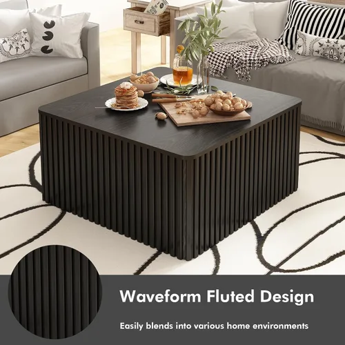 Vista 3 de Mesa de centro cuadrada acanalada con almacenamiento, mesa central grande de madera con parte superior de chapa de madera maciza, mesa de centro
