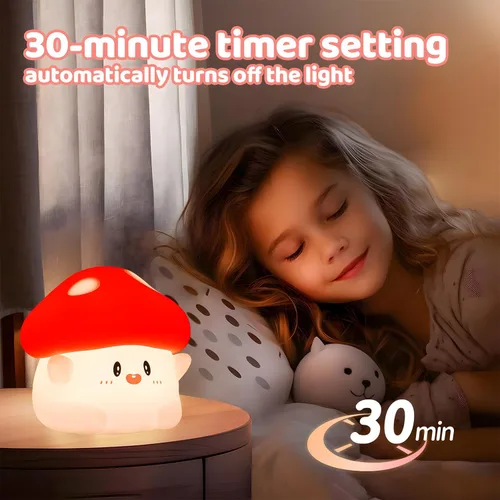 Vista 4 de Luz nocturna de hongos, lámpara de silicona blanda para niños, control de grifo, 2 niveles de brillo, batería de 50 horas, temporizador automático
