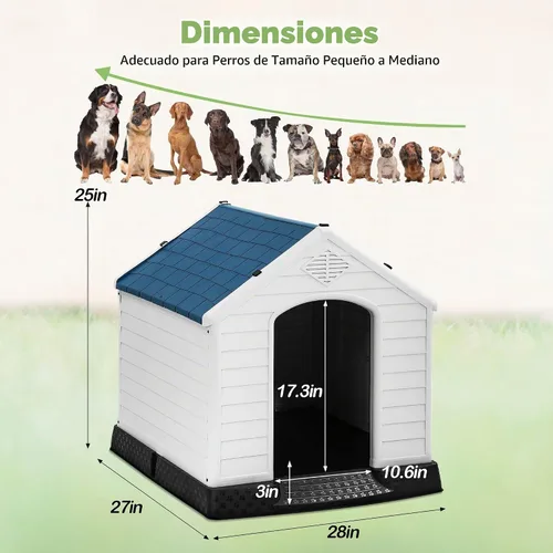 Vista 7 de Casa de plástico resistente al agua para perros pequeños, casa para perros para interiores y exteriores, refugio para cachorros con rejillas