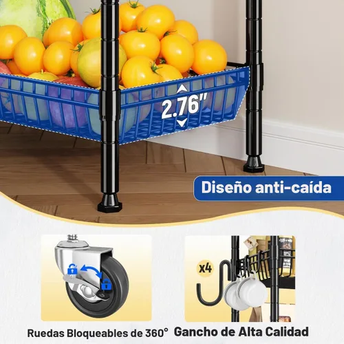 Vista 8 de DurayLoly Estantería de alambre de 7 niveles con ruedas de 72" de altura, estantes con canastas ajustables de almacenamiento con ganchos