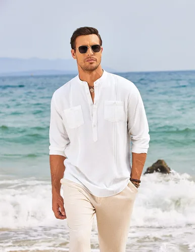 Vista 6 de COOFANDY Camiseta de lino Henley de manga larga para hombre, estilo hippie, de algodón, playeras