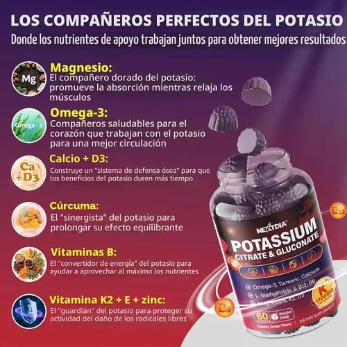 Vista 5 de Suplemento de citrato de potasio y gluconato de potasio, 1200 mg Dos formas de gomitas de potasio, con magnesio, Omega-3, calcio, vitamina D3 K2 B12