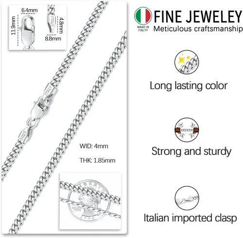 Vista 3 de Italian 4mm Solid 18k Gold Over 925 Sterling Silver Chain Necklace for Men Boys Women, Diamond Cut Cuban Link Chain for Men, Sturdy & Comfortable &