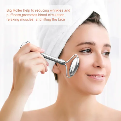 Vista 3 de Rodillos de acero inoxidable Gua Sha y cara - Rodillo de metal para ojos y cuello, herramientas de masaje facial antienvejecimiento, kit de Jgs-1