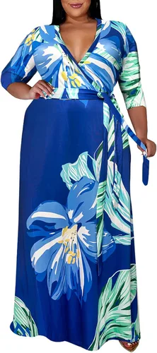 Vista 10 de Runwind Vestidos de Talla Grande para Mujeres Vestido Maxi Floral Suelto Manga 3/4 con Cinturón 01-Negro
