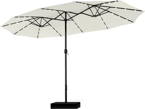 Vista 19 de PHI VILLA Sombrilla de patio grande de 15 pies con base y luces solares, paraguas rectangular de doble cara para exteriores con 36 luces LED, Beige