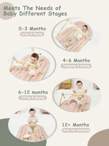 Vista 4 de Tapete de madera 4 en 1 para gimnasio y actividades para bebés, tapete de algodón suave para bebés de 0 años, con 3 juguetes desmontables