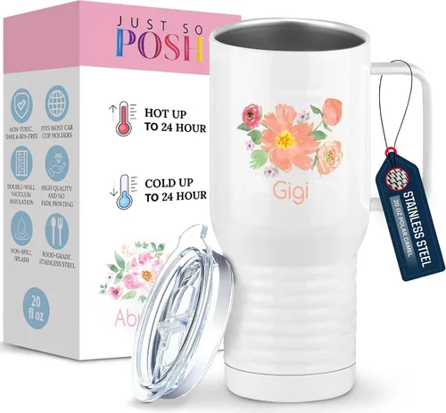 Vista 12 de Just So Posh Abuela Flowers Tumbler, Vaso de Café de Viaje con Asa y Tapa Deslizante, Blanco 20 oz Polar Camel, Acero Inoxidable, Aislado al Vacío