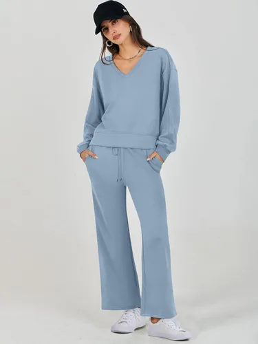 Vista 6 de ANRABESS Conjunto de dos piezas para mujer, conjunto de manga larga con cuello en V y pantalones de pierna ancha