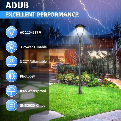 Vista 2 de ADUB Luz de poste LED con fotocélula de 60 W, 48 W, 36 W, luces superiores de poste de 3000 K, 4000 K, 5000 K, potencia ajustable y CCT, lámpara