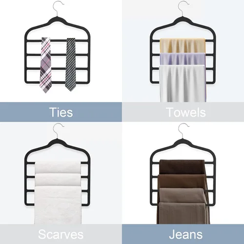 Vista 4 de Tinfol Percha de terciopelo para pantalones que ahorra espacio, 4 perchas de terciopelo negro sin seda con gancho, perchas ultra finas de varios