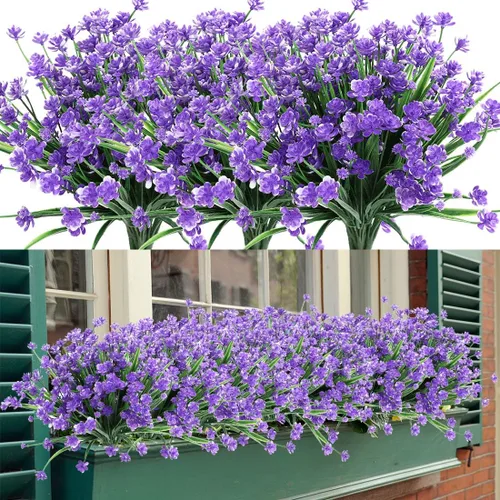 Vista 6 de 4 paquetes de flores artificiales, vegetación artificial falsa, resistente a los rayos UV, no se decolora, plantas de plástico sintético para ramo