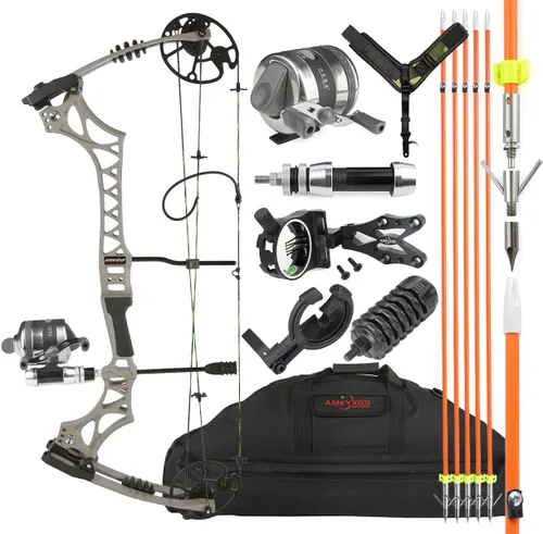Vista 7 de Kit de arco compuesto de pesca de arco, peso de 30 a 70 libras, ajustable, listo para pescar, con carrete de pesca con arco, flechas de pesca