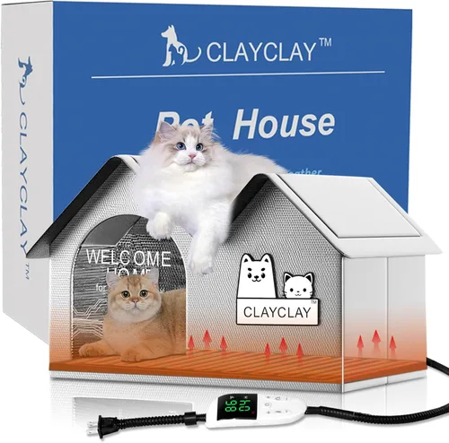 Vista 8 de Casa térmica para gatos para mascotas exteriores en invierno, refugio de invierno para gatos y perros pequeños con almohadilla térmica, casa térmica