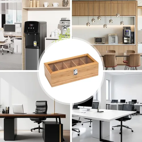 Vista 9 de Organizador de almacenamiento de bolsas de té de bambú, bolsa de té de madera, caja de almacenamiento de 5 compartimentos con tapa transparente