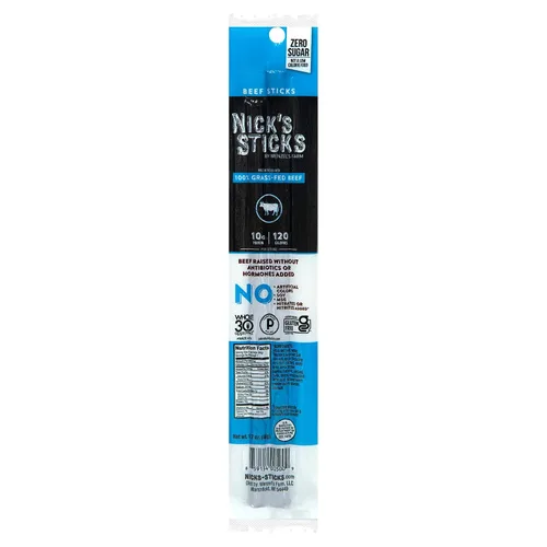 Vista 3 de Nick's Sticks 100% de carne de res alimentada con hierba - sin gluten - aprobados para paleo, keto, whole30 - sin azúcar, soya, antibióticos u