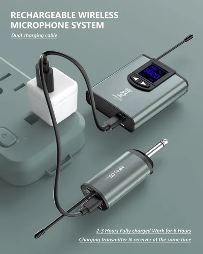 Vista 6 de ttstar - Sistema de micrófono inalámbrico con micrófono de auriculares/soporte/lavalier con transmisor recargable de cuerpo y receptor para altavoz
