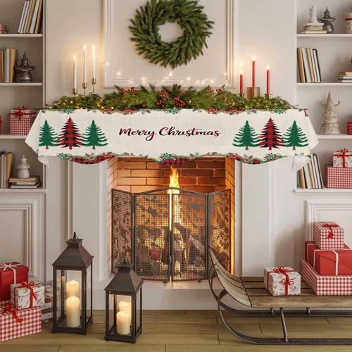 Vista 6 de Bufanda para chimenea con árbol de Navidad, 90 x 17 pulgadas, guirnalda de Navidad a cuadros rojos, cubierta de mantel de lino vintage, protector