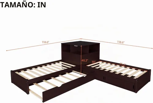 Vista 2 de Marco de cama individual en forma de L para 2 niños con escritorio y nido Espresso Espresso