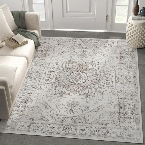 Vista 9 de Jinchan - Alfombra para entrada de 2 x 3 pies, alfombra de área lavable para interiores, tapete con medallón floral, pequeño, antideslizante