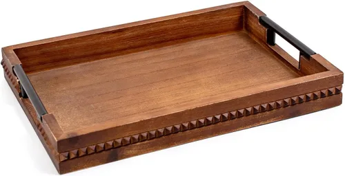 Vista 8 de Juego de 2 bandejas de servir de madera rústica, bandejas decorativas rectangulares marrones estilo granja, tablas de charcutería, plato