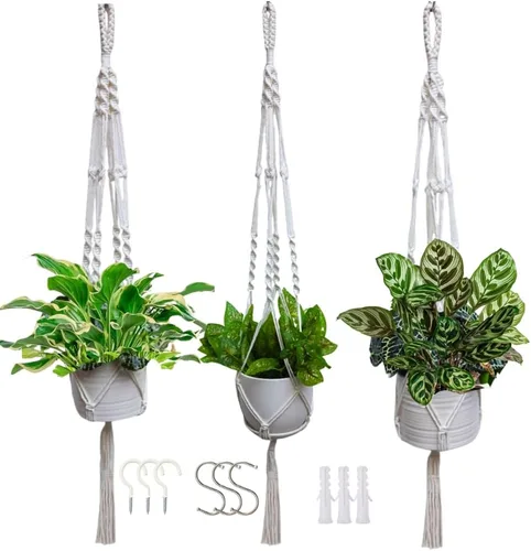 Vista 13 de Feedee Ganchos de macramé para plantas, paquete de 6, color negro, interior/exterior, algodón