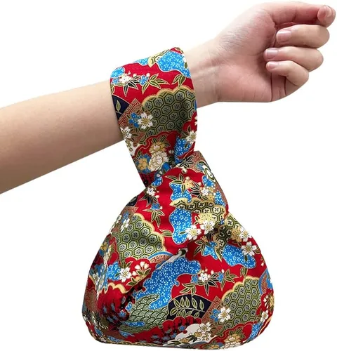 Vista 3 de BAR Elegante bolsa de muñeca de algodón con patrón japonés, bolsa de nudo, bolsa de lona portátil para mujer, mujer