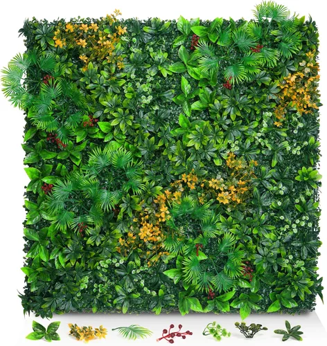 Vista 10 de Paneles de pared de césped de 20 x 20 pulgadas, 16 piezas de fondo de vegetación artificial con hojas resistentes a los rayos UV, decoración