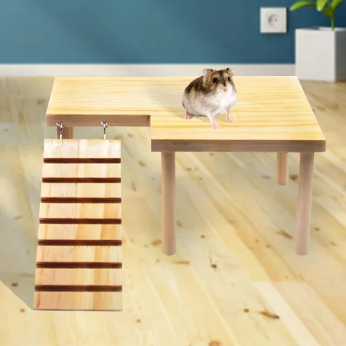 Vista 7 de kathson Plataforma de hámster de madera con patas, plataforma natural de pie para animales pequeños, escalera para escalar, jaula de conejillo