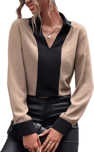 Vista 3 de OYOANGLE Blusa de manga larga con cuello en V y bloque de color para mujer