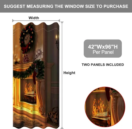 Vista 28 de Cortinas con adornos de Navidad impresos, cortinas para ventana de chimenea, calcetines de Navidad, árboles de Navidad, regalos, paneles opacos
