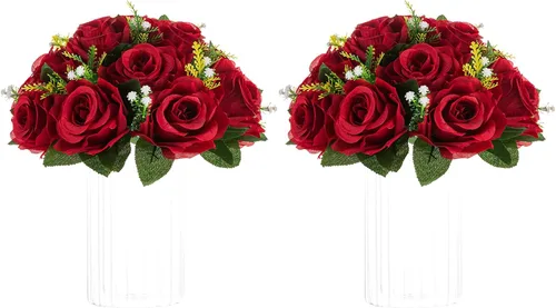 Vista 15 de NUPTIO Arreglo de Bolas de Flores en Ramo - 2 Piezas de 9.5 Pulgadas de Diámetro Bolas de Flores Falsas Carmesí Rosas para Centros de Mesa Mesas