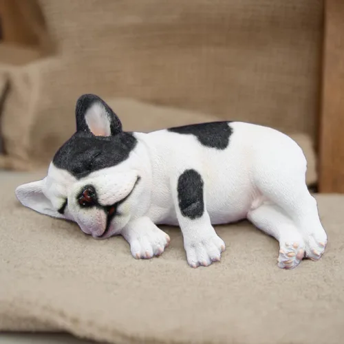 Vista 10 de Figura de bulldog francés durmiendo, estatua creativa de bulldog de resina, linda escultura de bulldog para decoración del hogar y la oficina