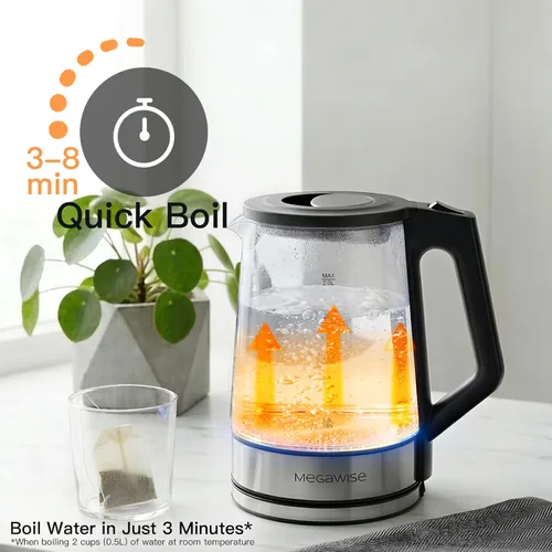 Vista 2 de MEGAWISE 2L Hervidor eléctrico de cristal, caldera de agua de 1000W con luz Negro
