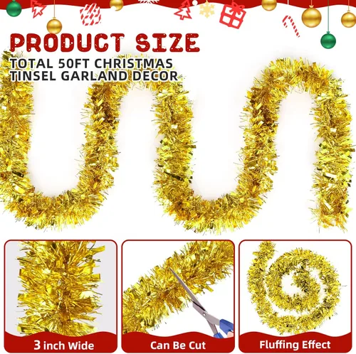 Vista 2 de Guirnalda de oropel dorada de Navidad de 50 pies, guirnalda metálica brillante con diseño de oropel colgante para adornos de árbol de Navidad