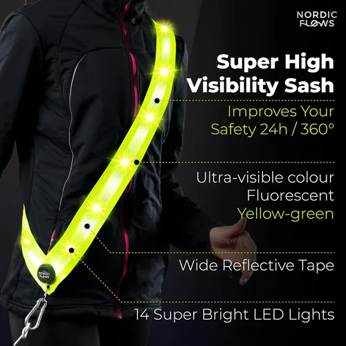 Vista 5 de Chaleco de seguridad con luces LED recargables NordicFlows – Banda reflectante e iluminada para paseos nocturnos, correr y pasear al perro