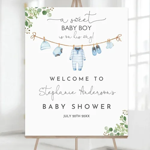Vista 4 de Señal de Bienvenida Personalizada para Baby Shower de Niño, Señal de Baby Shower Niño, Decoraciones de Baby Shower Azul Boho de Oso Sol, Aquí Viene