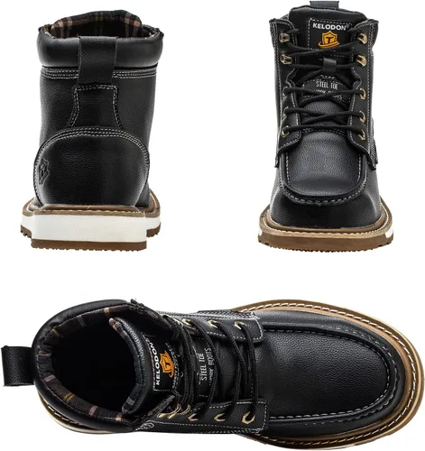 Vista 6 de KELODON Botas impermeables con punta de acero para hombres, botas de trabajo de cuero de 6 pulgadas, botas de construcción indestructibles, botas
