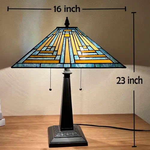 Vista 7 de Tiffany - Lámparas de mesa de 16 pulgadas de ancho hechas a mano con vitrales para lectura, 2 luces, estilo misión azul, luz de mesa antigua