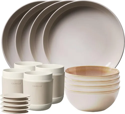 Vista 10 de Corelle Juego de vajilla de gres, platos y cuencos de cerámica esmaltada sólida y reactiva hecha a mano, platos redondos de estilo rústico moderno