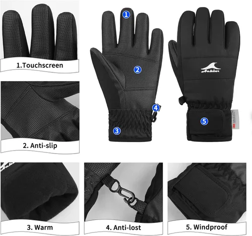 Vista 2 de Achiou Guantes de esquí para niños, guantes de nieve impermeables de invierno para niños, guantes de snowboard cálidos para pantalla táctil